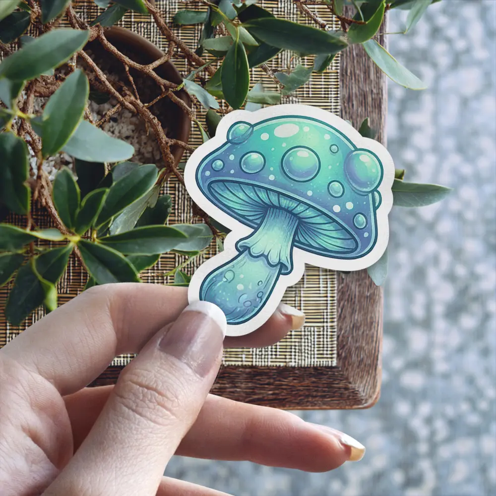A vibrant blue-green mushroom sticker features a cap with glowing dots, a detailed underside, and a whimsical stem.