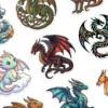 A detailed sticker of a red dragon with black and red wings spread, poised to attack.