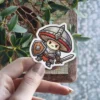 A cartoon mushroom character dressed as a knight with a sword and shield.