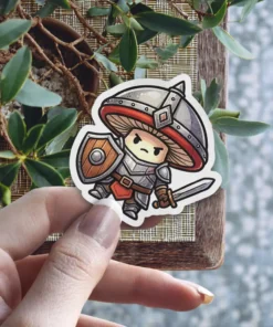 A cartoon mushroom character dressed as a knight with a sword and shield.