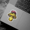 A punk rock mushroom character sticker with a yellow and black striped cap, a pink mohawk, and a mischievous grin.