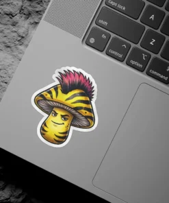 A punk rock mushroom character sticker with a yellow and black striped cap, a pink mohawk, and a mischievous grin.
