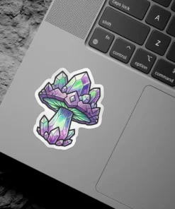 A vibrant sticker featuring a mushroom stylized with purple, green, and blue geometric crystal formations, outlined in white.