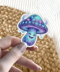 A whimsical purple and blue glowing mushroom sticker featuring a friendly smiling face and mystical glowing runes on its cap.