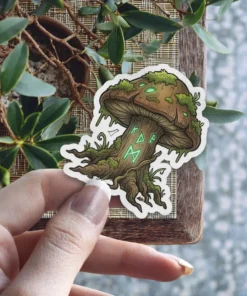 A mystical mushroom sticker with glowing green runes on its stem and mossy cap.