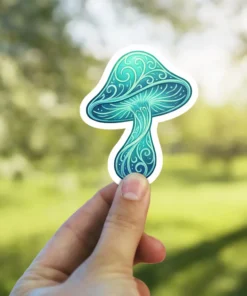 A detailed teal mushroom sticker with intricate swirling patterns, held by a person's fingertips against a blurred green background.
