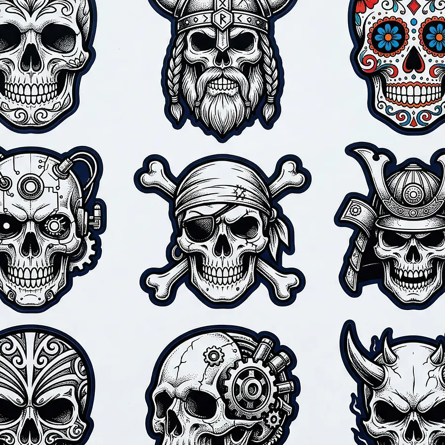 A pirate skull sticker with a bandana, eyepatch, and crossed bones.