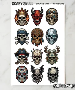 A sheet of 12 diverse, artistic skull stickers featuring varied designs like a crowned king skull, a devil skull, a steampunk skull, and a pirate skull.
