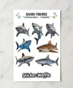 A sticker sheet featuring seven realistic designs of various sharks, including Great Whites and a Tiger shark.