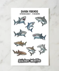 A sticker sheet featuring nine unique designs of various shark species, including a great white, hammerhead, and whale shark.
