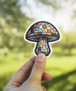 A sticker of a mushroom designed to look like stained glass, held by a person's fingers.