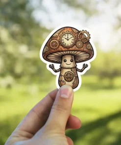 A whimsical steampunk mushroom character with a clock on its cap and gears for its body and arms.