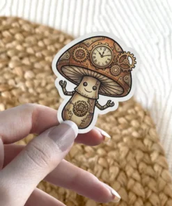 A whimsical steampunk mushroom character with gears and a clock on its cap and body.