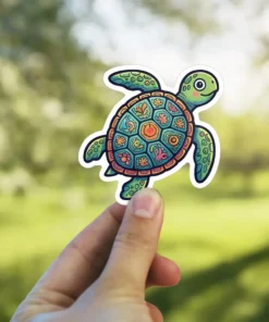 A vibrantly colored, stylized green sea turtle sticker featuring an intricately patterned shell with floral and marine elements.