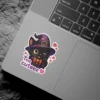 A cute black kitten winks while wearing a purple witch hat and a red bow, surrounded by hearts and the words 'Too cuteee'.