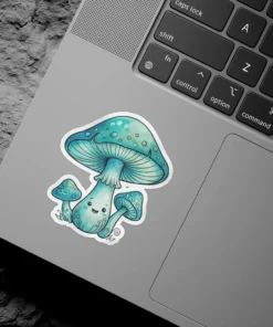 A watercolor illustration of a happy mushroom family in shades of blue and teal, with swirling decorative lines.