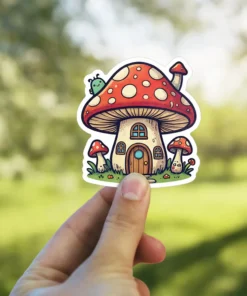 A cartoon sticker of a red and white spotted mushroom house with a cute green caterpillar on the roof.