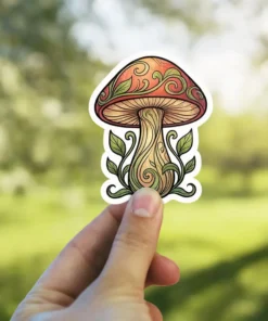 A whimsical mushroom sticker featuring a red-capped mushroom with intricate swirling patterns and green leaves at its base.