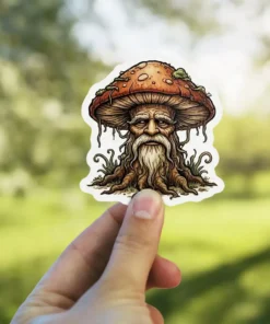 A vinyl sticker depicts a wise old mushroom man with a long beard, resembling a forest spirit.