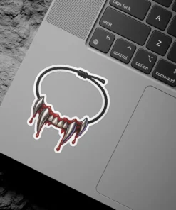 Illustrated sharp metallic vampire fangs, dripping red blood, black choker cord, gothic vinyl sticker.