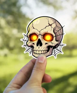 Cracked human skull, glowing yellow eyes, intricate spiderweb background, gothic dark fantasy art, vinyl sticker