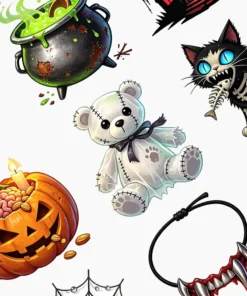 White stitched teddy bear graphic, black bow, visible seams, one paw print, subtle ghostly aura, vinyl sticker.