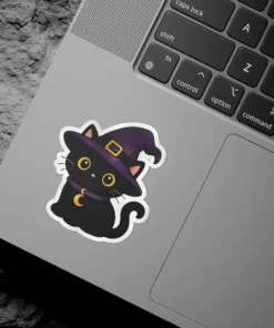 Cartoon black cat, round yellow eyes, wearing purple witch hat gold buckle, purple collar gold crescent moon charm, vinyl sticker.