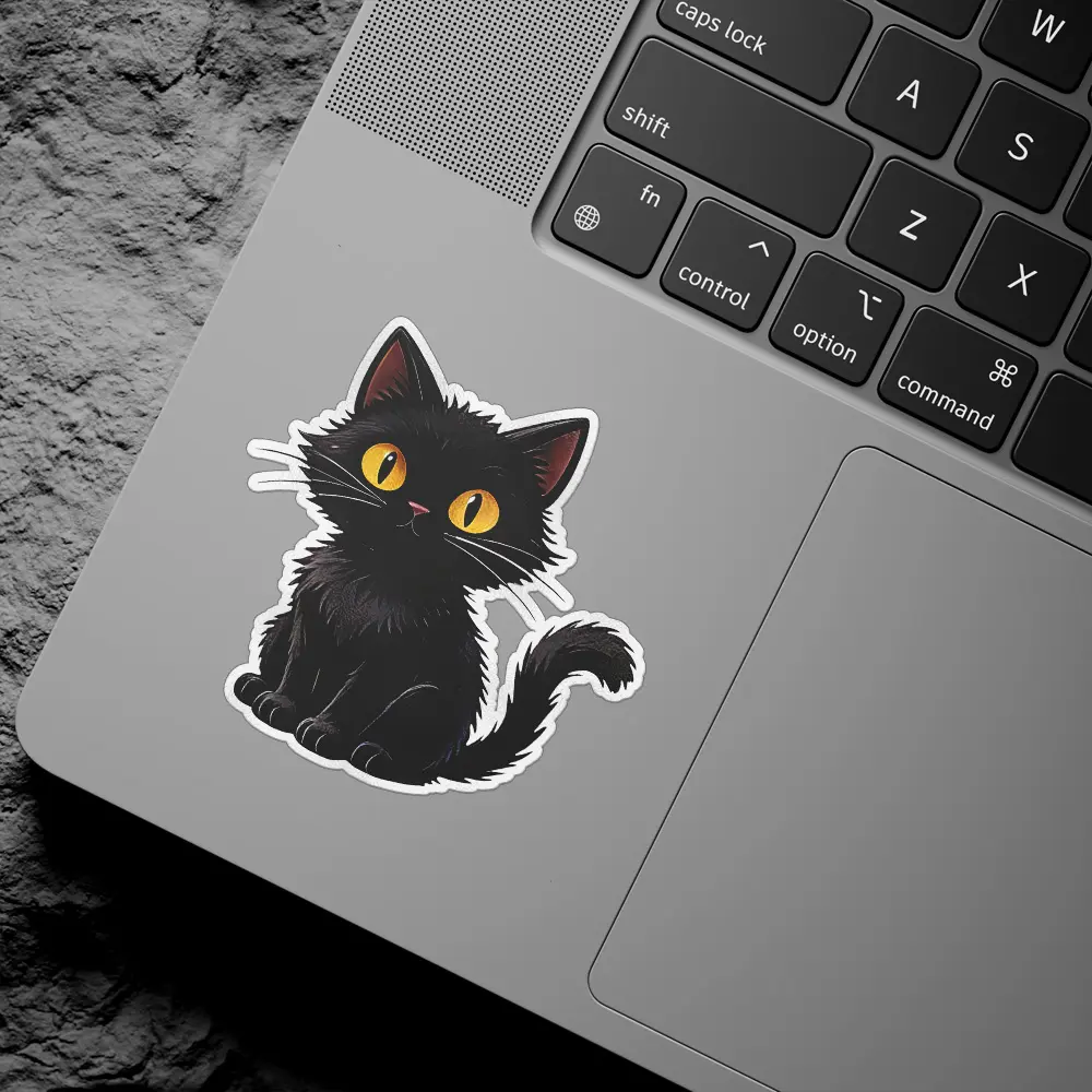 Fluffy black cat, expressive golden eyes, whimsical kitten illustration, die-cut vinyl sticker