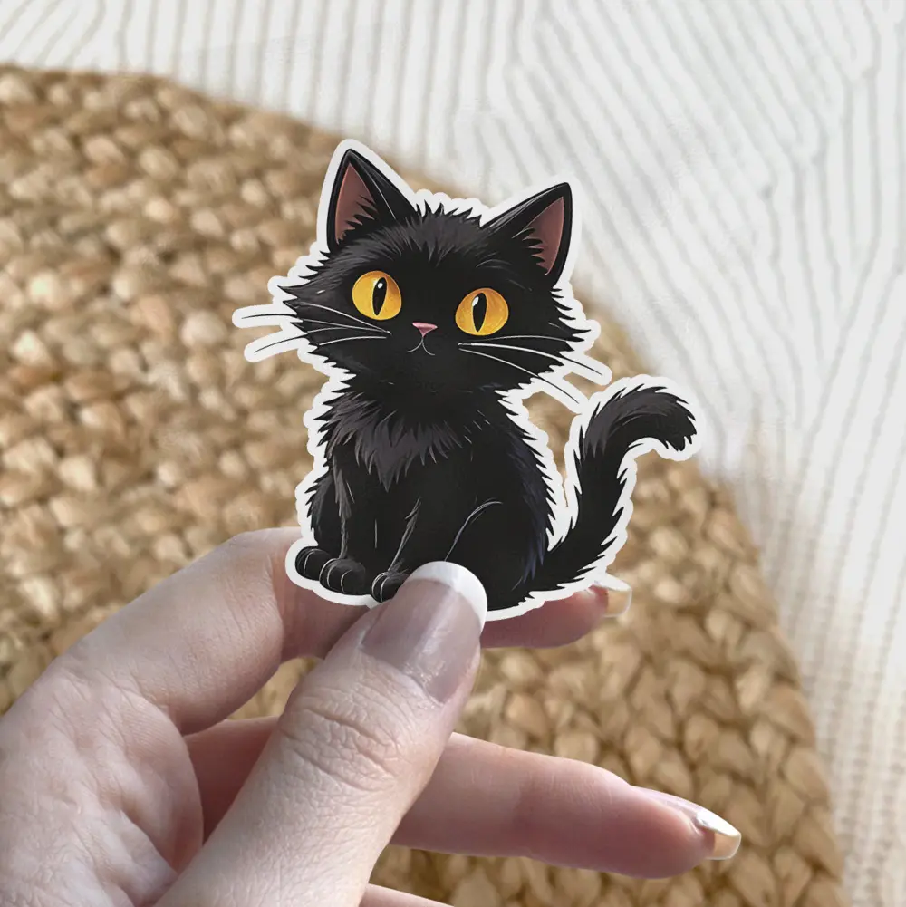 Fluffy black kitten, large amber eyes, whimsical illustration, white border, vinyl sticker