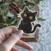 Fluffy black cat, expressive golden eyes, whimsical feline illustration, die-cut silhouette vinyl sticker.