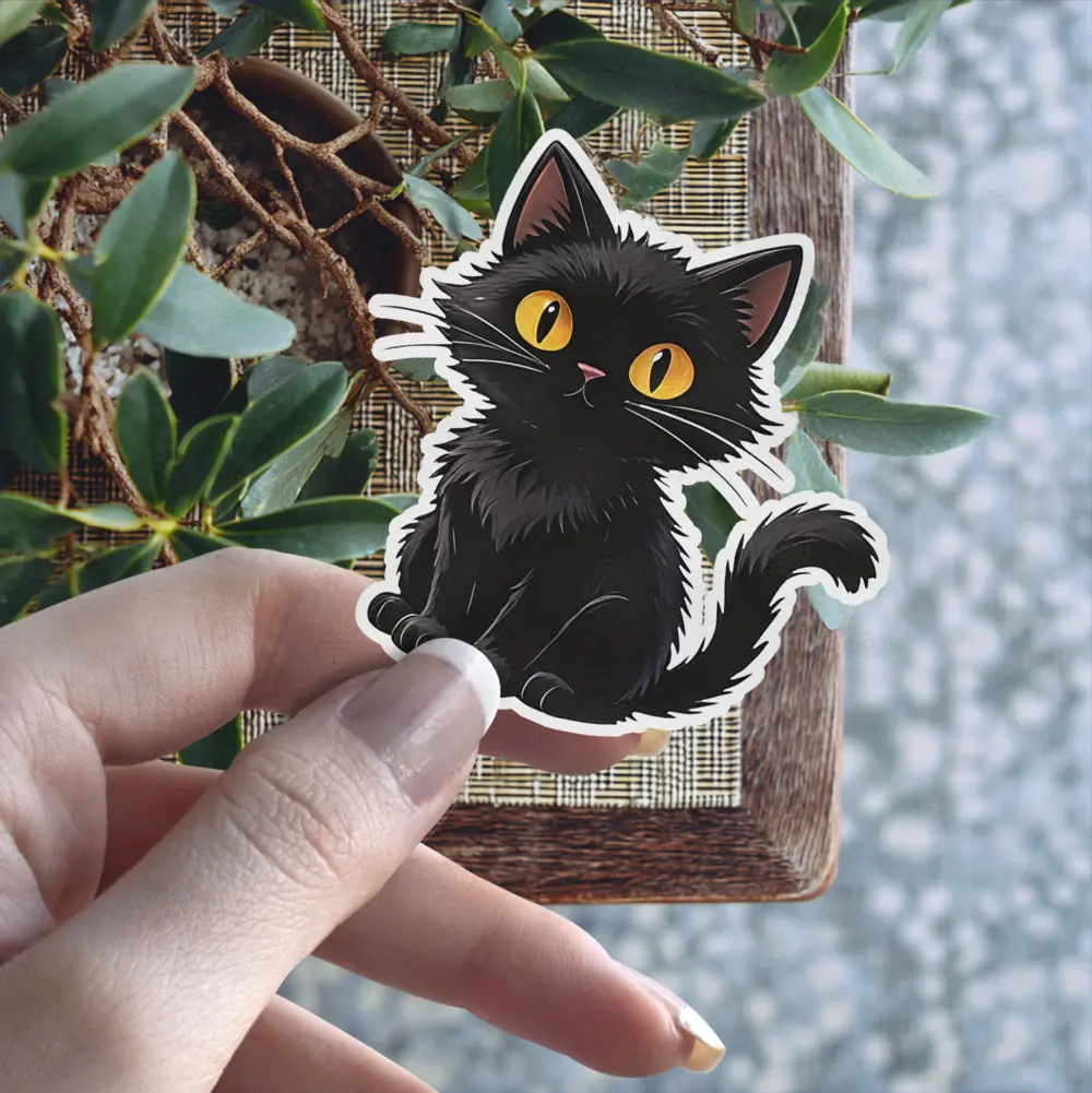 Fluffy black cat, expressive golden eyes, whimsical feline illustration, die-cut silhouette vinyl sticker.