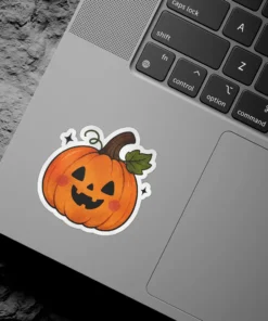 Adorable orange carved pumpkin sticker, smiling face, rosy cheeks, brown stem, green leaf, sparkling white stars, vinyl sticker.