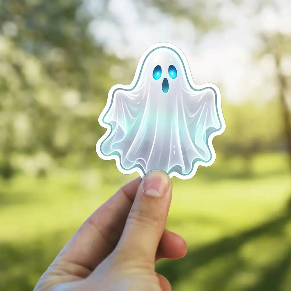 Glowing spectral phantom with wide blue eyes, ethereal white and teal highlights, vinyl sticker.