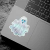 Ethereal translucent ghost, glowing blue eyes, spectral form, minimalist art, white vinyl sticker