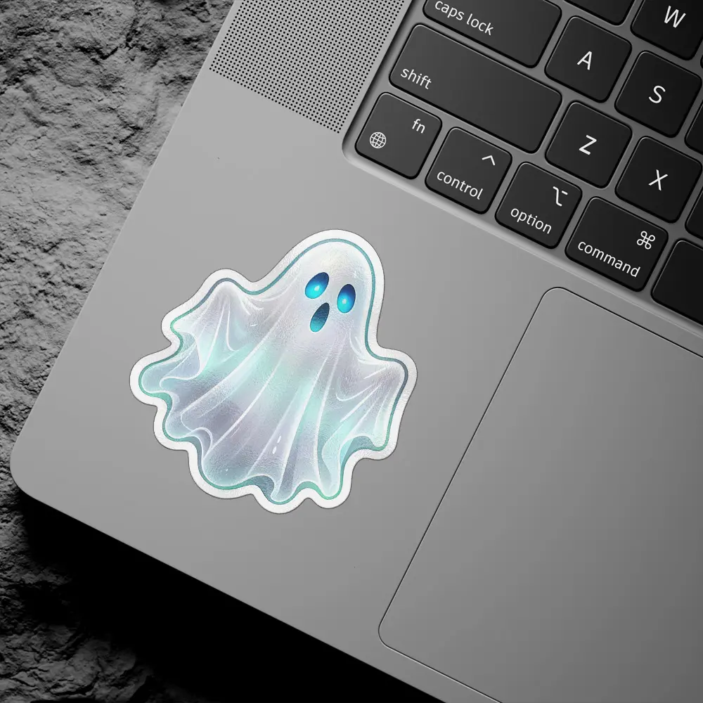 Ethereal translucent ghost, glowing blue eyes, spectral form, minimalist art, white vinyl sticker