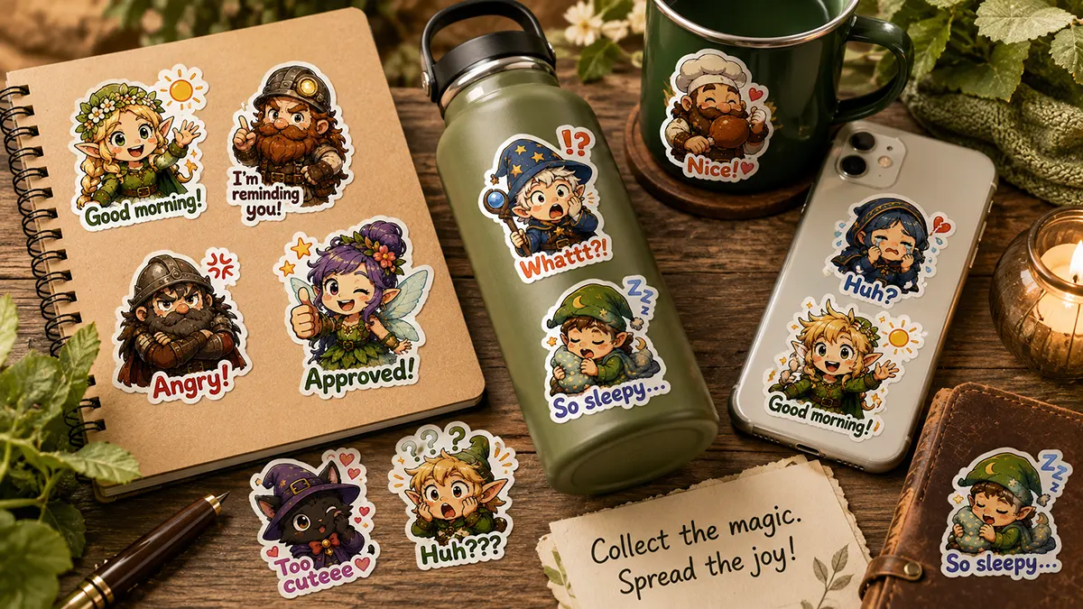Assorted fantasy character stickers featuring elves, dwarves, and wizards applied to a notebook and water bottle.