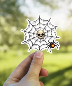 Skull, dew-covered spider web, glowing orange spider, spooky gothic aesthetic illustration, vinyl sticker.