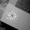 Intricate black spider web, glistening blue water droplets, gothic aesthetic design, white border, vinyl sticker.