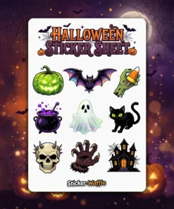 Halloween sticker sheet featuring glowing green pumpkin,purple bat,zombie hand,cauldron,ghost,black cat,horned skull