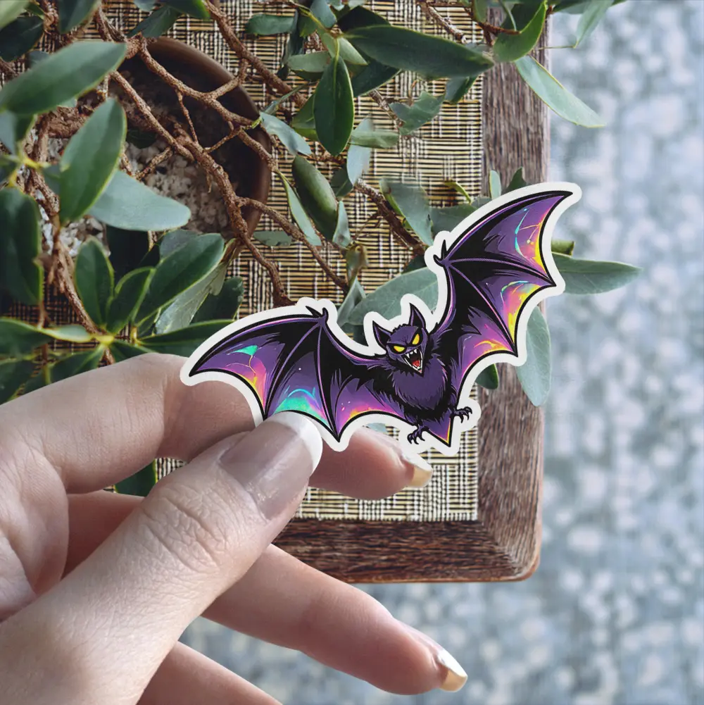 Cartoon purple bat, iridescent holographic wing details, sharp fangs, yellow eyes, gothic vinyl sticker.
