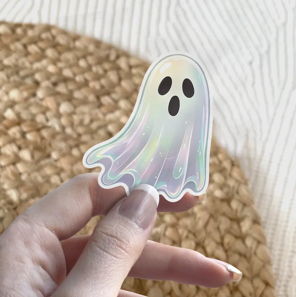 Holographic spectral ghost, iridescent pastel finish, minimalist facial features, expressive spookiness, kiss-cut vinyl sticker.