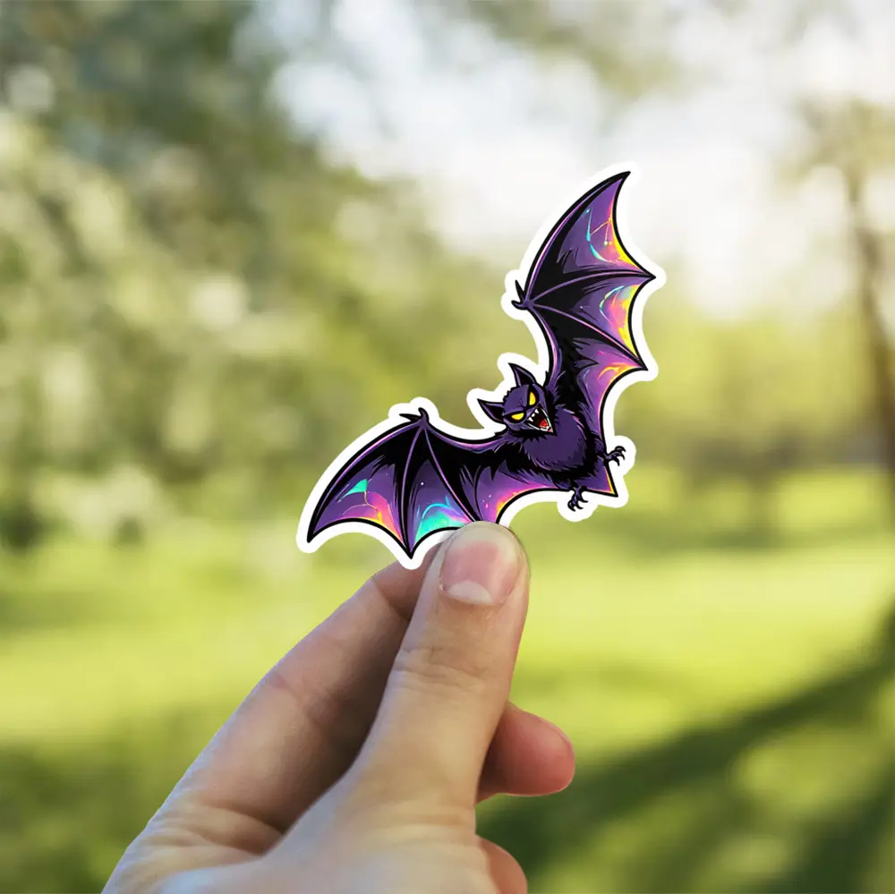 Holographic purple bat, iridescent wings, fanged creature, spooky nocturnal animal, stylized vinyl sticker.