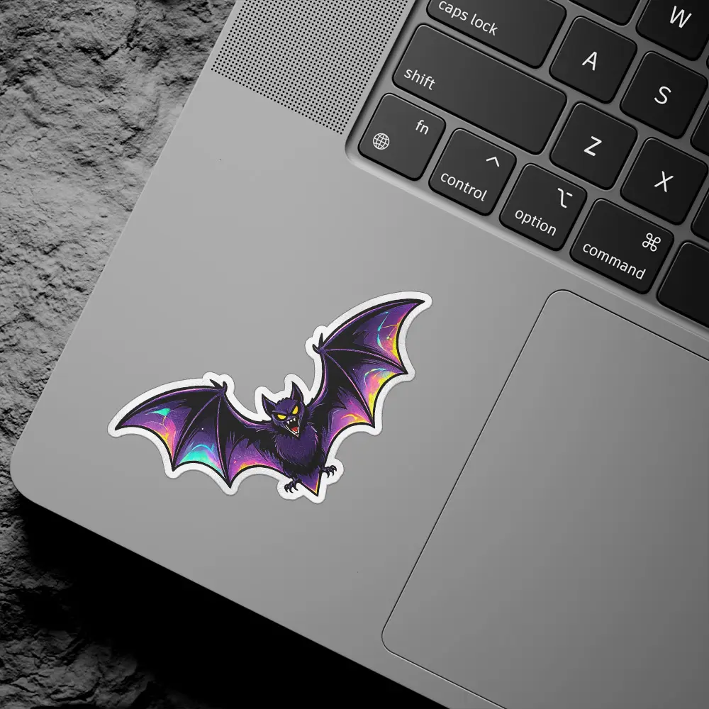 Dark purple bat, glowing yellow eyes, vibrant rainbow nebula wing patterns, vinyl sticker