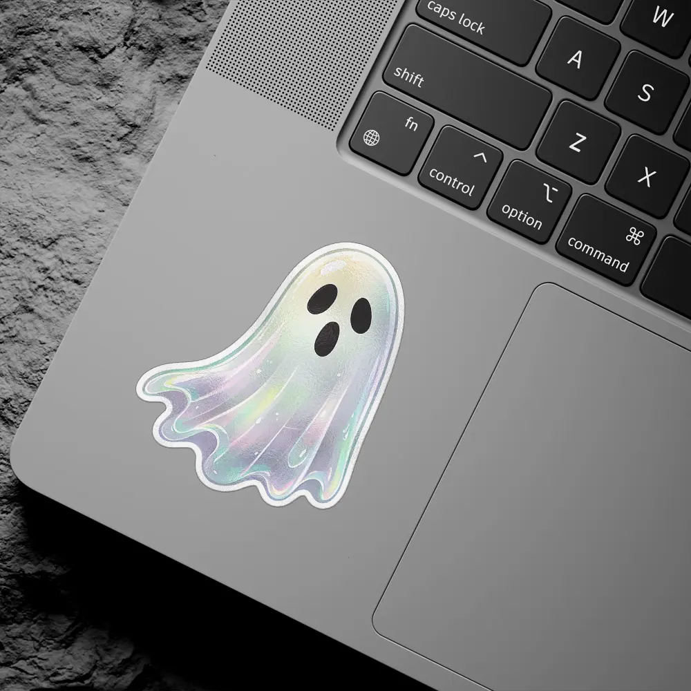 Floating iridescent ghost, spectral shimmering texture, cute spooky aesthetic, minimalist character design, holographic vinyl sticker