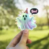 Iridescent ghost, birthday hat, confetti, Boo speech bubble, cartoon style vinyl sticker.