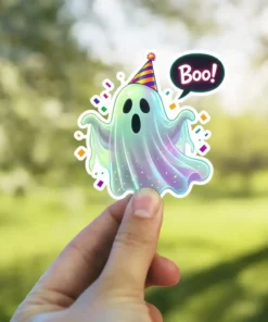 Iridescent ghost, birthday hat, confetti, Boo speech bubble, cartoon style vinyl sticker.