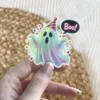 Iridescent ghost, party hat, confetti, Boo speech bubble, cute Halloween aesthetic, vinyl sticker