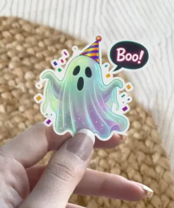 Iridescent ghost, party hat, confetti, Boo speech bubble, cute Halloween aesthetic, vinyl sticker