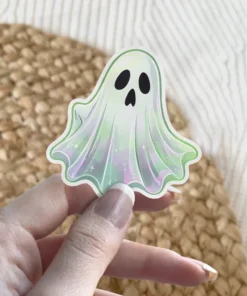 Iridescent pastel ghost, ethereal glowing spirit, holographic aesthetic, cute spooky character, vinyl sticker