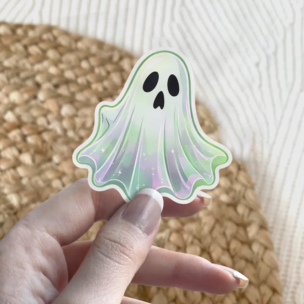 Iridescent pastel ghost, ethereal glowing spirit, holographic aesthetic, cute spooky character, vinyl sticker